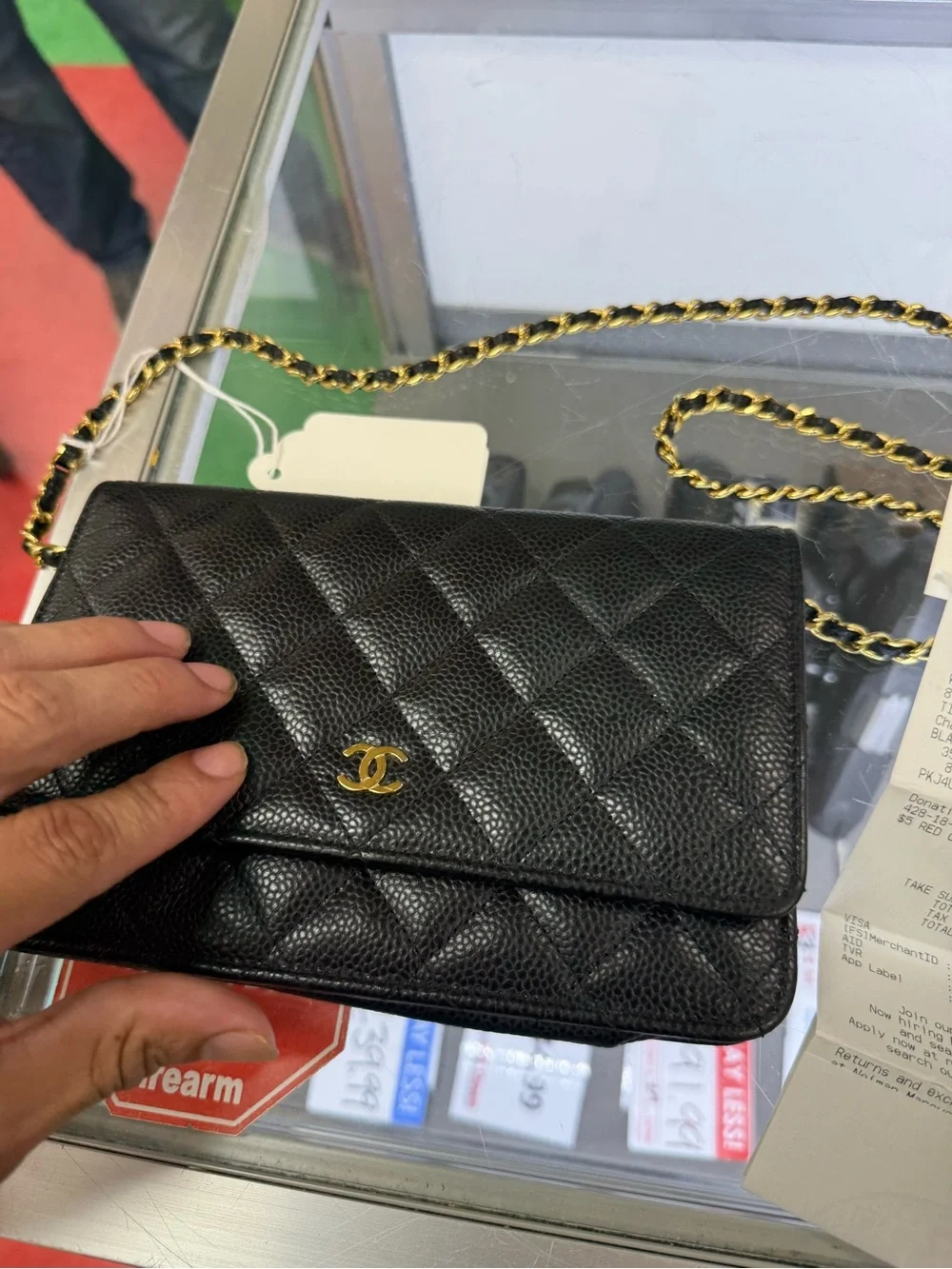 CHANEL Black Quilted Caviar Leather Wallet on Chain with Gold Purse authentic